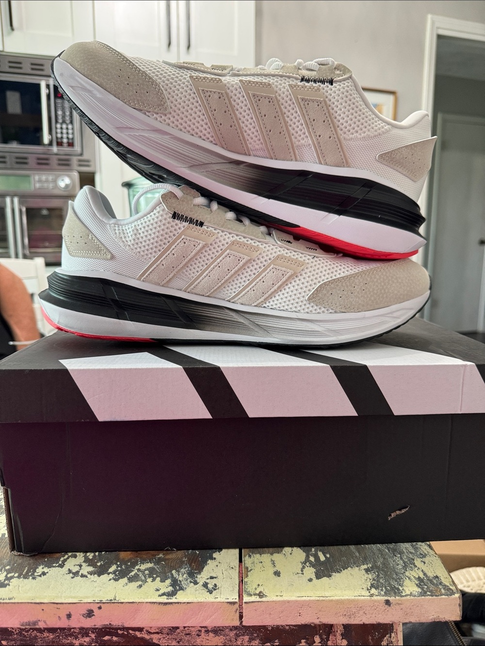 🏃‍♂️13M Adidas Astrastar White and Cream Running Sneakers with Red Accents